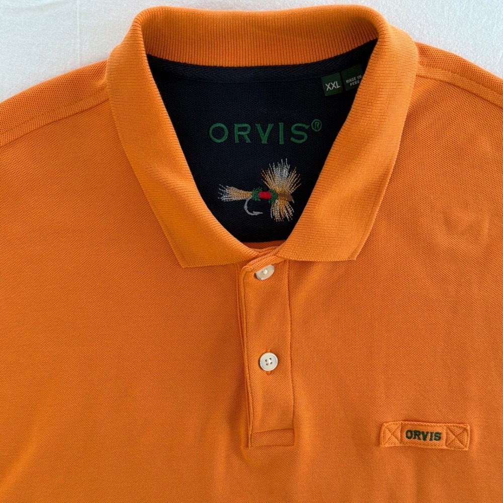 Orvis Mens Short Sleeve Cotton Pique Polo Shirt Orange XXL Stretchy Relaxed Fit